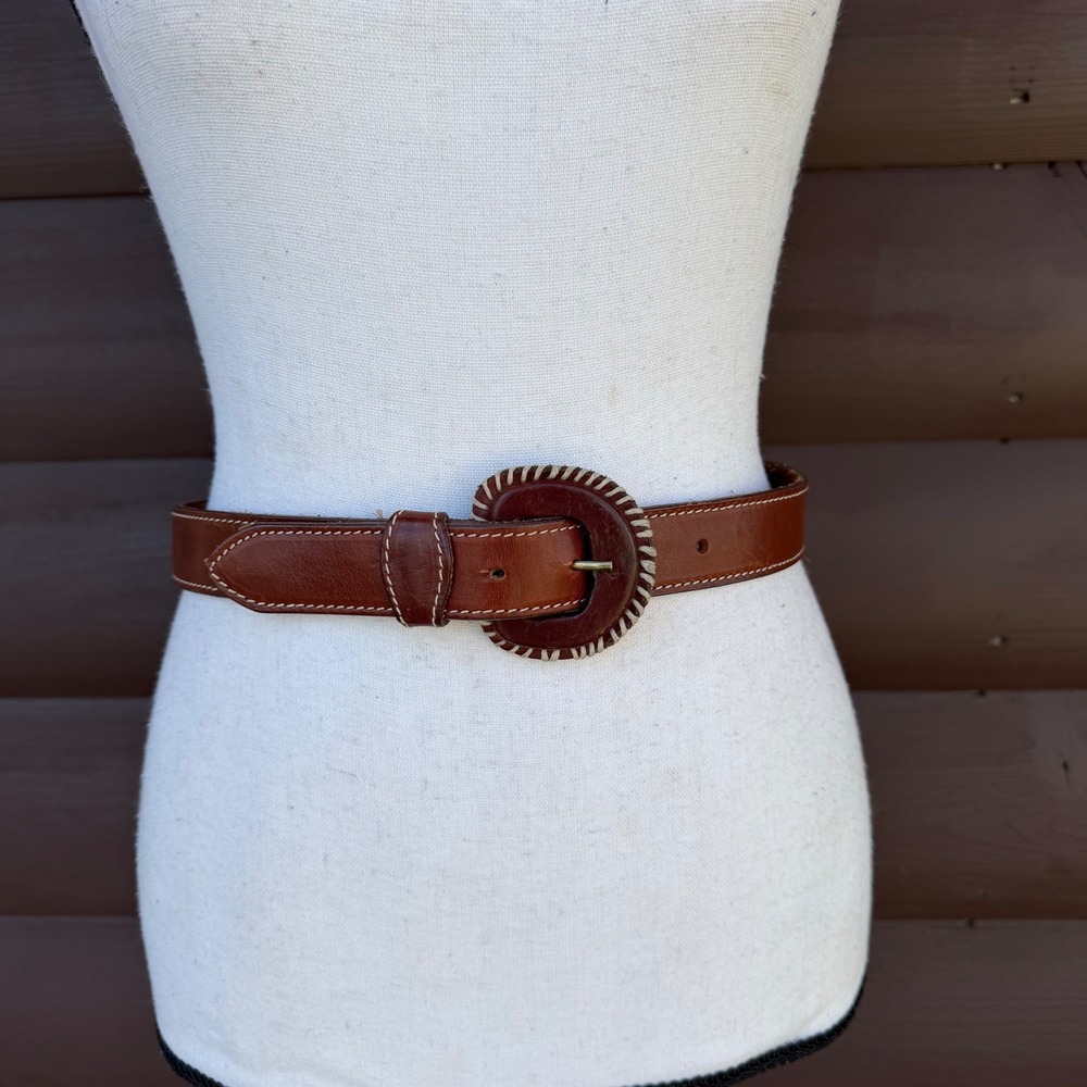 Vintage Genuine Leather Belt Womens Small Brown Whipstitch Buckle Made in USA